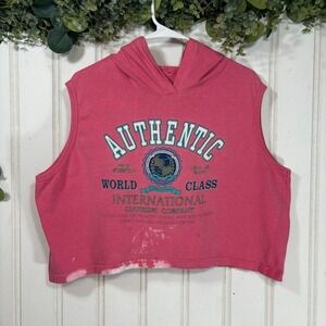 90s Vintage Cropped Sleeveless Hoodie Top XL Pink Athleisure Casual Sporty Retro